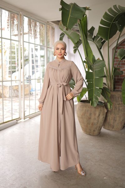 Bej Ankanoor Robalı Boncuklu Ferace