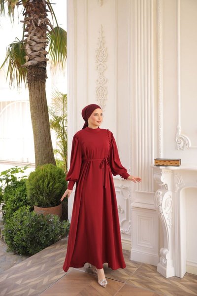 Bordo Ankanoor Yandan Kaplama Düğmeli Abiye Elbise
