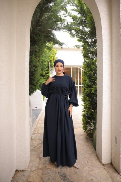 Lacivert Ankanoor Robalı Büzgülü Oversize Elbise