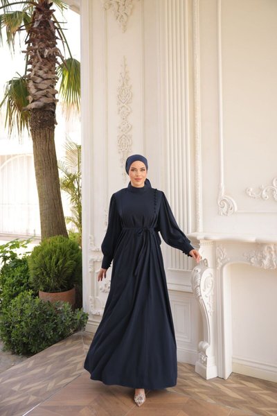 Lacivert Ankanoor Yandan Kaplama Düğmeli Elbise