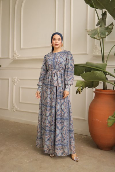 Lacivert Kol Manşetli Kare Desenli Şifon Elbise