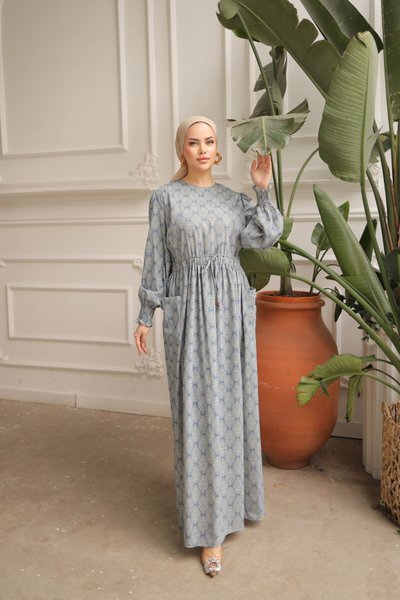 Blue Elastic Waist Ethnic Pattern Cartridge Dress