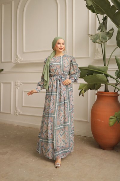 Blue Cuffed Checkered Chiffon Dress