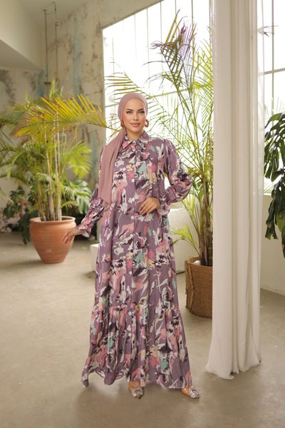 Purple Shirt Collar Buttoned Satin Dress