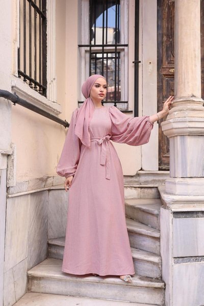 Pembe Ankanoor Balon Kol Pötikareli Jakar Elbise