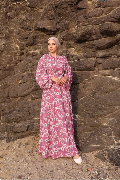 Pembe Bağlamalı Yuvarlak Desen Saten Elbise