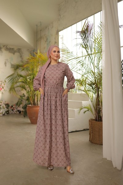 Pembe Bel Lastikli Etnik Desen Fişek Elbise
