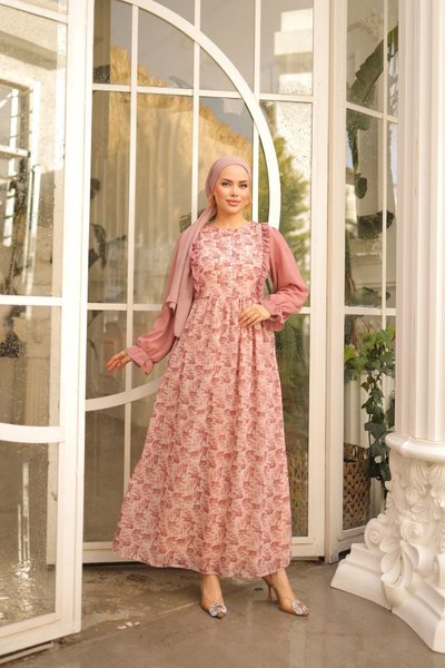 Pembe Fırfırlı Garni Şifon Elbise