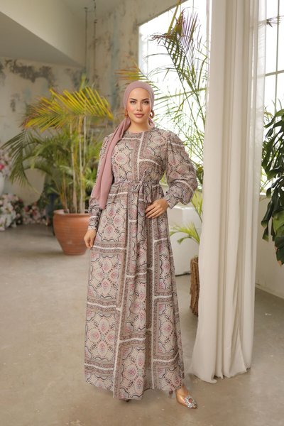 Powder Cuff Sleeve Checkered Chiffon Dress