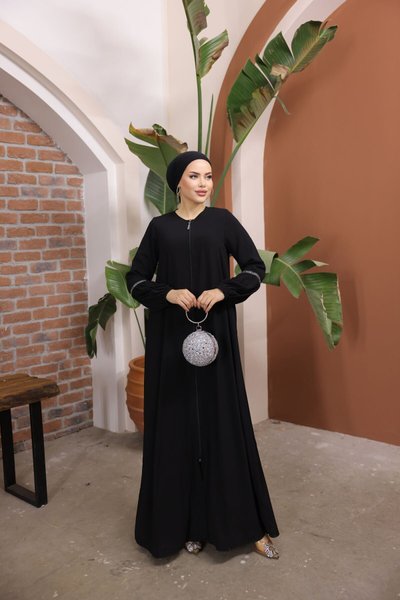 Siyah Ankanoor Balon Kol Taşlı Ferace