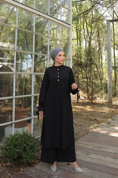 Siyah Ankanoor Düğme Detaylı Örme Pantolon Takım