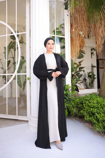 Siyah Ankanoor Garnili Kuşaklı Ikili Abaya Takım