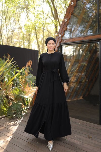Black Ankanoor Hidden Placket Abaya