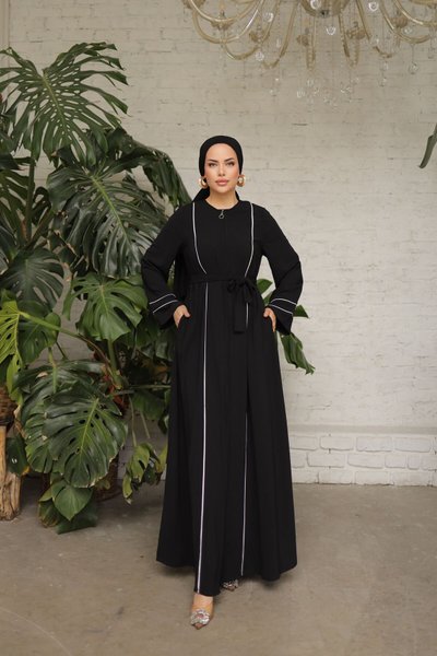 Black Ankanoor Sleeve Cuff and Double Piped Front Abaya