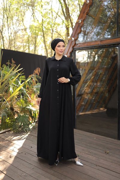 Black Ankanoor Full-Length Buttoned Abaya