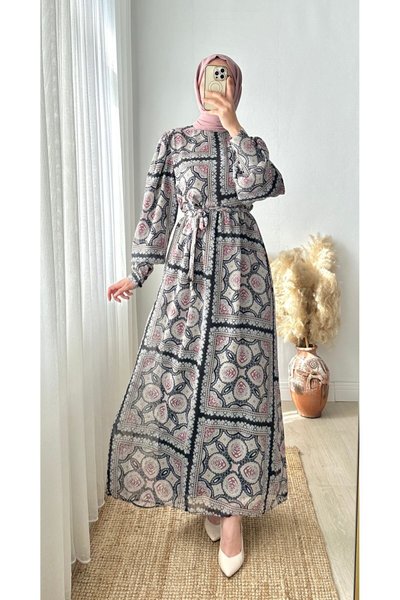 Black Cuff Sleeve Checkered Chiffon Dress