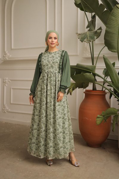 Green Ruffled Garnish Chiffon Dress