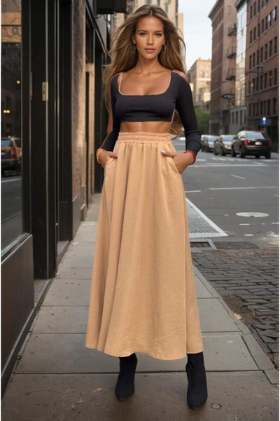 Caramel Elastic Waist A-Line Loose High Waist Kupra Long Skirt
