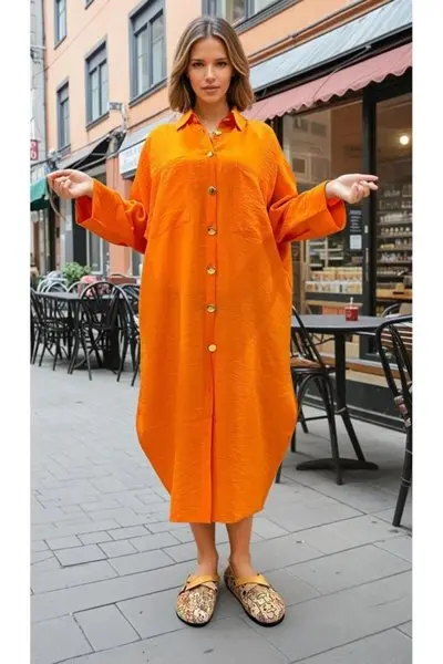 Oversize Turuncu Keten Karışımlı Gömlek Tunik