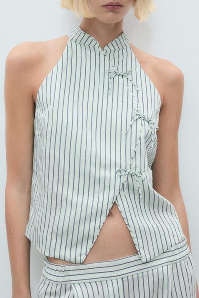 Pastel Green Lace-Up Collar Striped Blouse