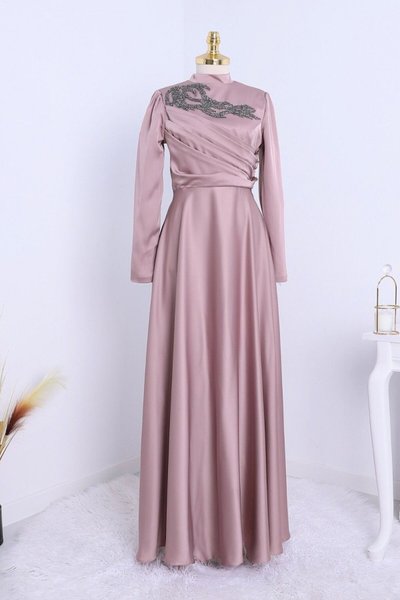 Pembe Yakası Taşlı Önü Drapeli Tesettür Abiye Elbise