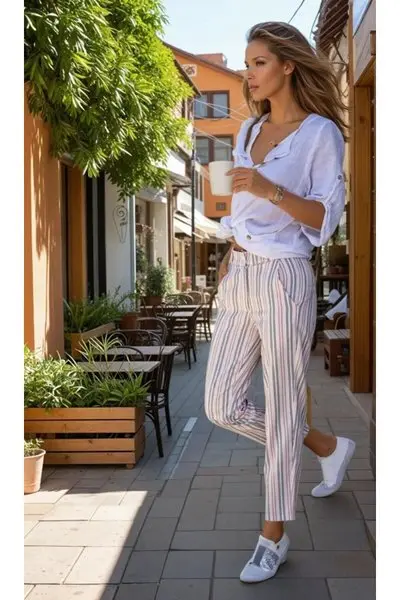 Pudra Dar Kesim Keten Dik Çizgili Cepli Havuç Pantolon