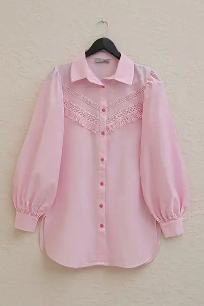 Powder Lace Tassel Raw Linen Balloon Sleeve Shirt