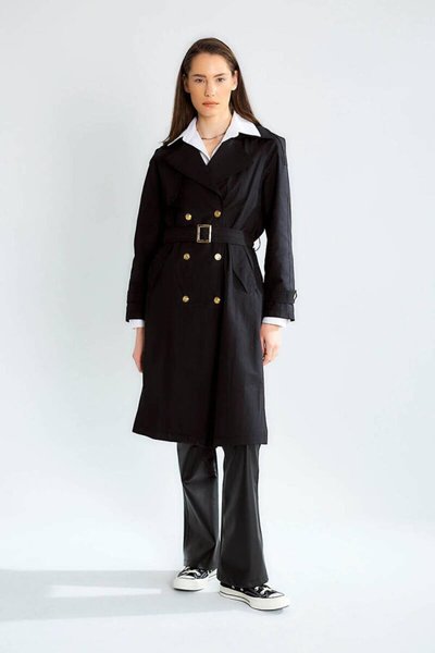 Siyah Geniş Yaka Uzun Kollu Trençkot