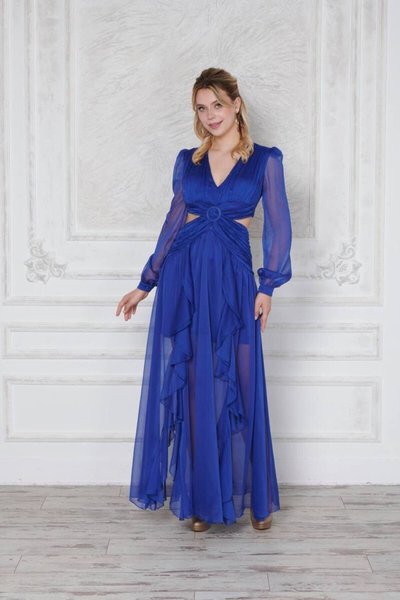 Saxe Blue Long Waist Detailed Backless Buckled Slit Evening Dress
