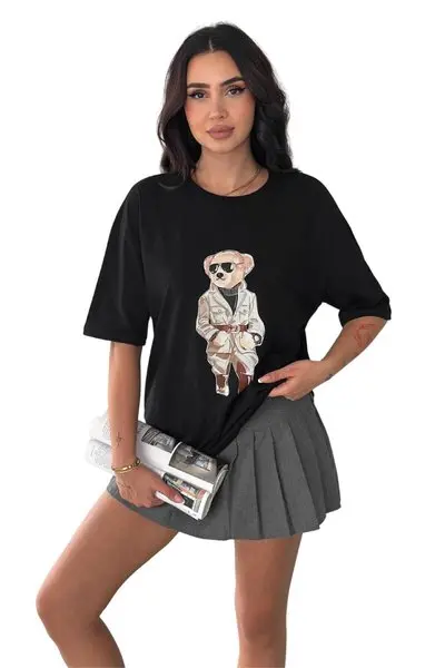 Siyah Ayıcık Baskılı Bisiklet Yaka Oversize Kalıp T-Shirt