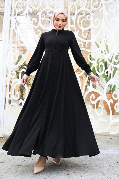 Siyah Beli Fistolu Omuzları Vatkalı Kolu Lastikli Ferace