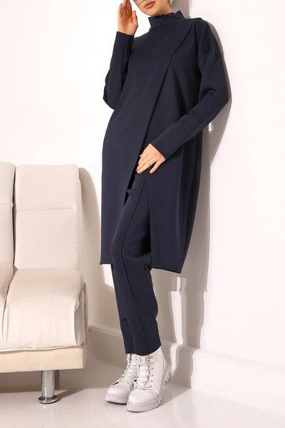 Siyah Dik Yaka Önü Çift Kat Tunik Pantolon Scuba İkili Takım