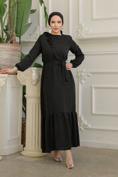 Siyah Fırfır Taş Detaylı Parça Eteklii Kemerli Ayrobin Elbise