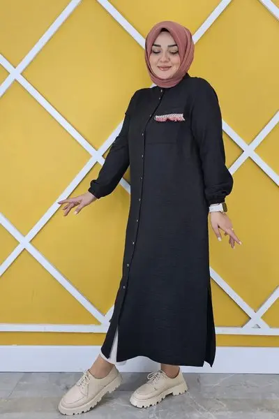 Siyah Hakim Yaka Taş Ve Şerit Detaylı Düğmeli Kap