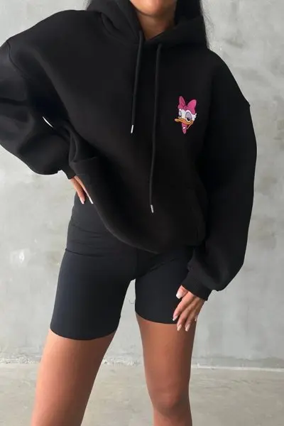 Siyah İplik Şardonlu Oversize Compact Ördek Baskılı Sweat