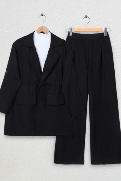 Black-Capped Tunnel Bridge Jacketed Linen Two-Piece Set