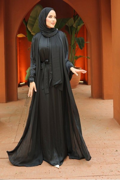 Siyah Krinkıl İpek Saten 3'lü Abaya Takım