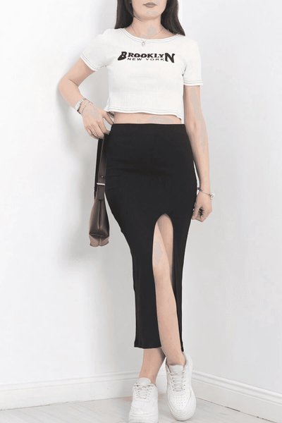 Siyah Midi Beyaz Nakışlı Etekli İkili Takım