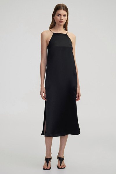 Siyah Midi Halter Yaka Elbise
