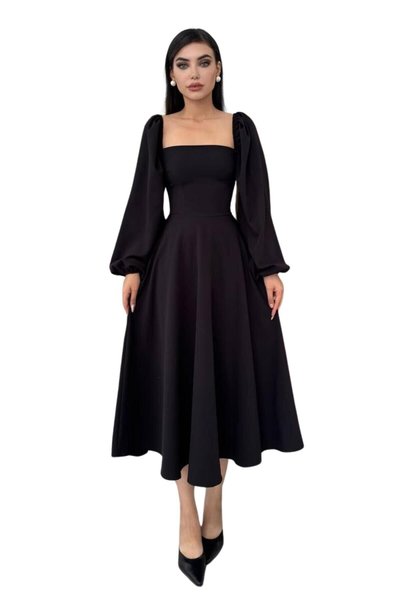 Black Midi Square Neck Balloon Sleeve Satin Fabric Dress