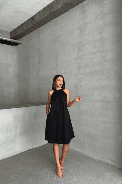 Siyah Midi Salaş Keten Elbise