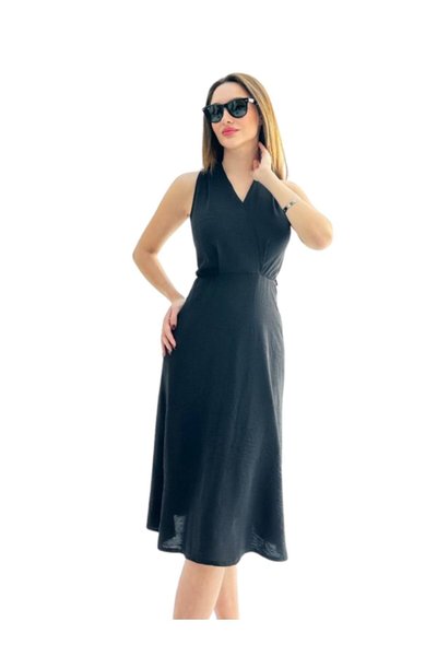 Black Midi Backless Tie-Back Wrap-Neck Aerobin Dress