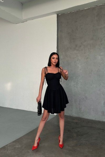Black Mini Dress with Smocked Back and Tie Detail