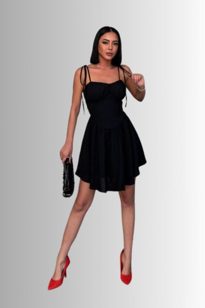 Black Mini Flared Graduation Dress with Smocked Back and Tie-Strap Detail