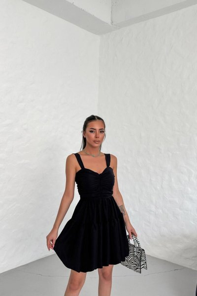 Siyah Mini Balon Etekli Kalın Askılı Mezuniyet & Balo Abiye Elbise