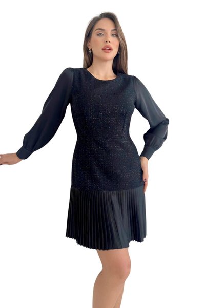 Black Mini Skirt Pleated Tweed Long Sleeve Dress