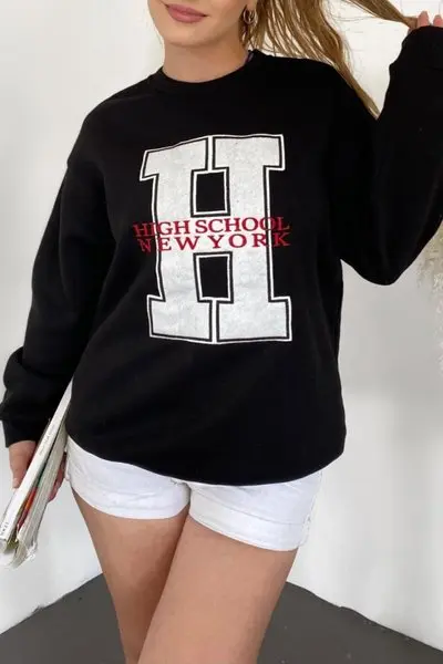 Black Embroidered Front Crew Neck Sweat Tunic