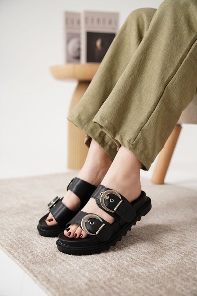 Siyah Ortopedik Çift Toka Konforlu Terlik