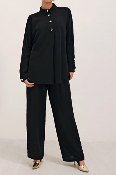 Siyah Patı Çıtçıtlı Polo Yaka Ayrobin İkili Takım