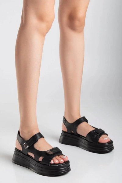 Black Saide Faux Leather Velcro Sandal